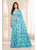 Women's Linen Blend Printed Saree -Sky Blue