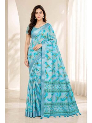 Women's Linen Blend Printed Saree -Sky Blue