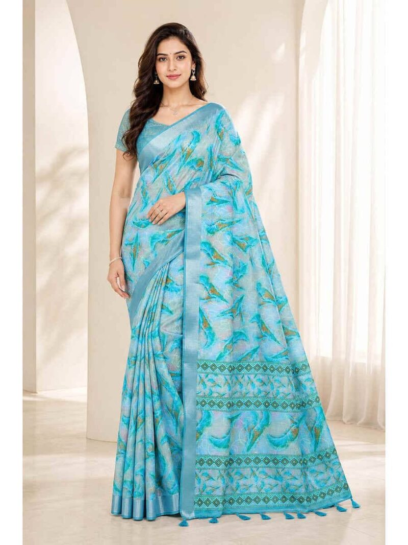 Women's Linen Blend Printed Saree -Sky Blue