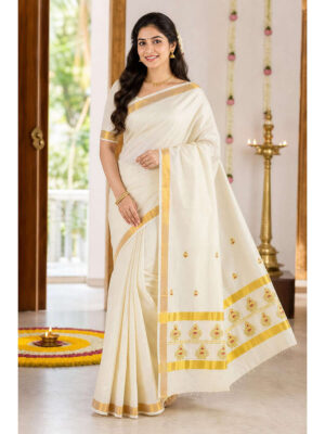 Women's Cotton Onam Saree with Blouse - Off White & Maroon
