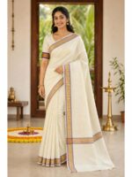 W-SR-429-03-OW-BL-F Women's Cotton Onam Saree with Blouse -Blue