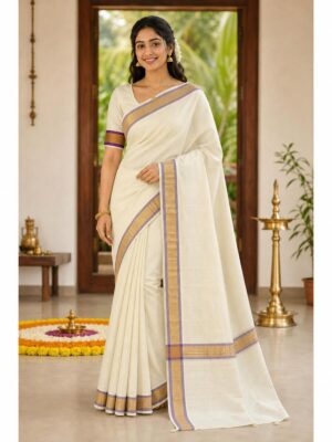 Women's Cotton Onam Saree with Blouse -Blue