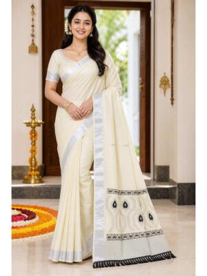 Cotton Onam Saree, Embroidered with Blouse - Off White