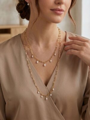Women's Gold Double Layer Pearl Chain Necklace - White