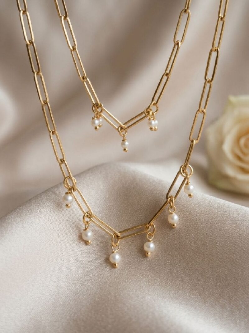 Women's Gold Double Layer Pearl Chain Necklace - White