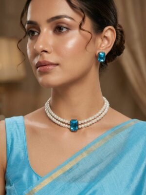 Women's Pearl Choker Necklace Set - Blue