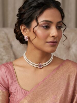 Women's Pearl Choker Necklace Set - Pink