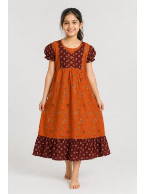 Girls Cotton Frock Nighty - Tangerine & Maroon