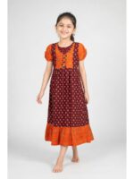K-NY-466-02-MR-6-7Y-1_front Girls Cotton Frock Nighty - Maroon & Tangerine