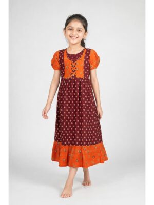 Girls Cotton Frock Nighty - Maroon & Tangerine