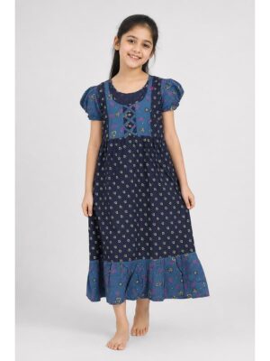 Girls Cotton Frock Nighty - Navy Blue & Slate Grey