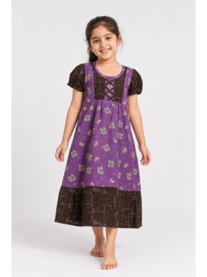 Girls Cotton Frock Nighty - Violet & Coffee