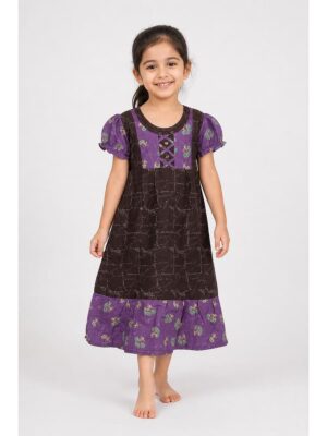 Girls Cotton Frock Nighty - Coffee & Violet