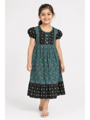 Girls Cotton Frock Nighty - Ebony & Olive Green