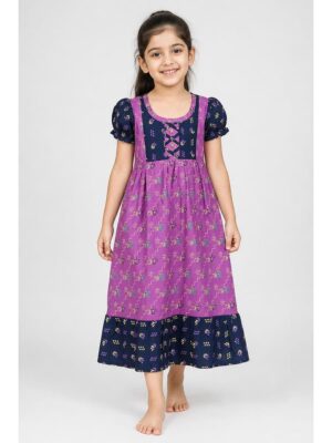 Girls Cotton Frock Nighty -Plum & Navy Blue