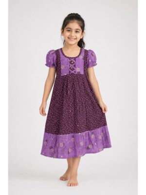 Girls Cotton Frock Nighty - Maroon & Mauve