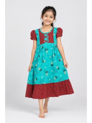 Girls Cotton Frock Nighty - Green & Maroon