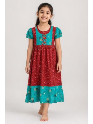 Girls Cotton Frock Nighty - Maroon & Green