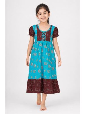 Girls Cotton Frock Nighty - Blue & Maroon