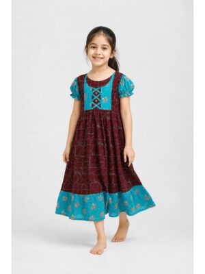 Girls Cotton Frock Nighty - Maroon & Blue