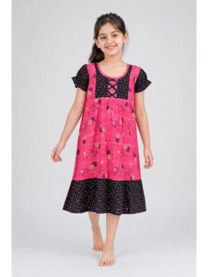 Girls Cotton Frock Nighty -Blush Pink & Navy Blue