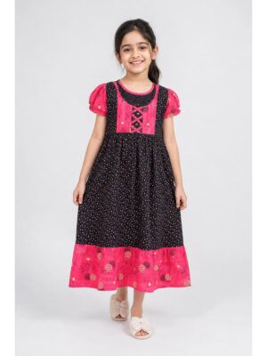 Girls Cotton Frock Nighty - Navy Blue & Blush Pink