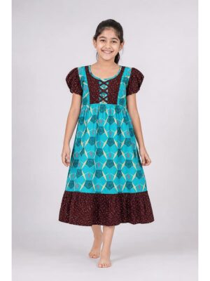 Girls Cotton Frock Nighty -Turquoise & Maroon