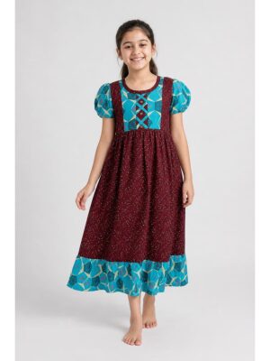 Girls Cotton Frock Nighty - Maroon &Turquoise