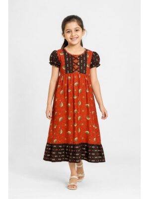Girls Cotton Frock Nighty - Tangerine & Coffee