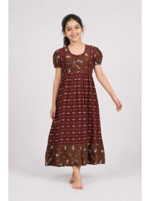 Girls Cotton Frock Nighty - Maroon & Brown