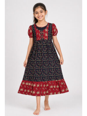 Girls Cotton Frock Nighty - Navy Blue & Maroon