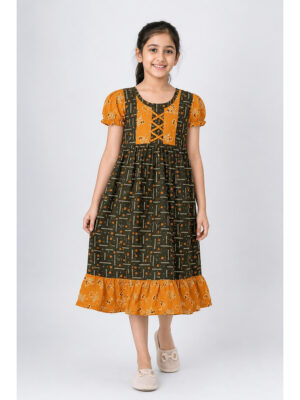 Girls Cotton Frock Nighty - Olive Green & Yellow