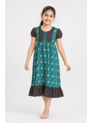 Girls Cotton Frock Nighty - Green & Burgundy