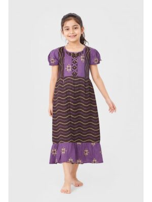 Girls Cotton Frock Nighty - Coffee & Mauve