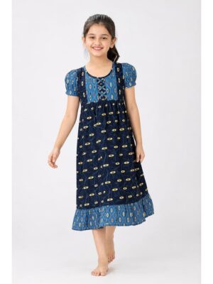 Girls Cotton Frock Nighty - Navy Blue & Slate Grey