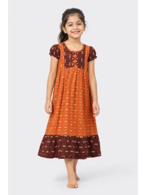 Girls Cotton Frock Nighty -Tangerine & Maroon
