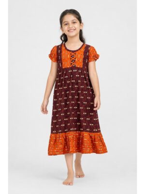 Girls Cotton Frock Nighty - Maroon & Tangerine