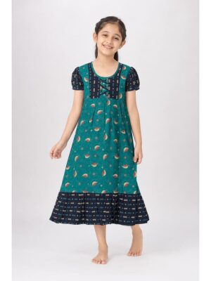 Girls Cotton Frock Nighty - Green & Navy Blue
