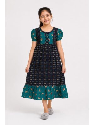 Girls Cotton Frock Nighty - Navy Blue & Green
