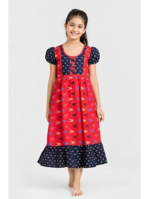 Girls Cotton Frock Nighty - Red & Navy Blue