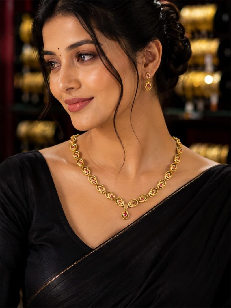 Ruby and White Stone Gold Necklace and Earring Set