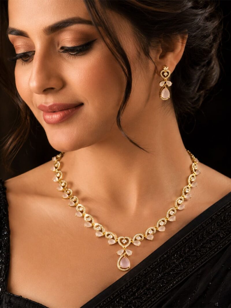 Alloy Necklace Set with Earrings, Gold & Pink