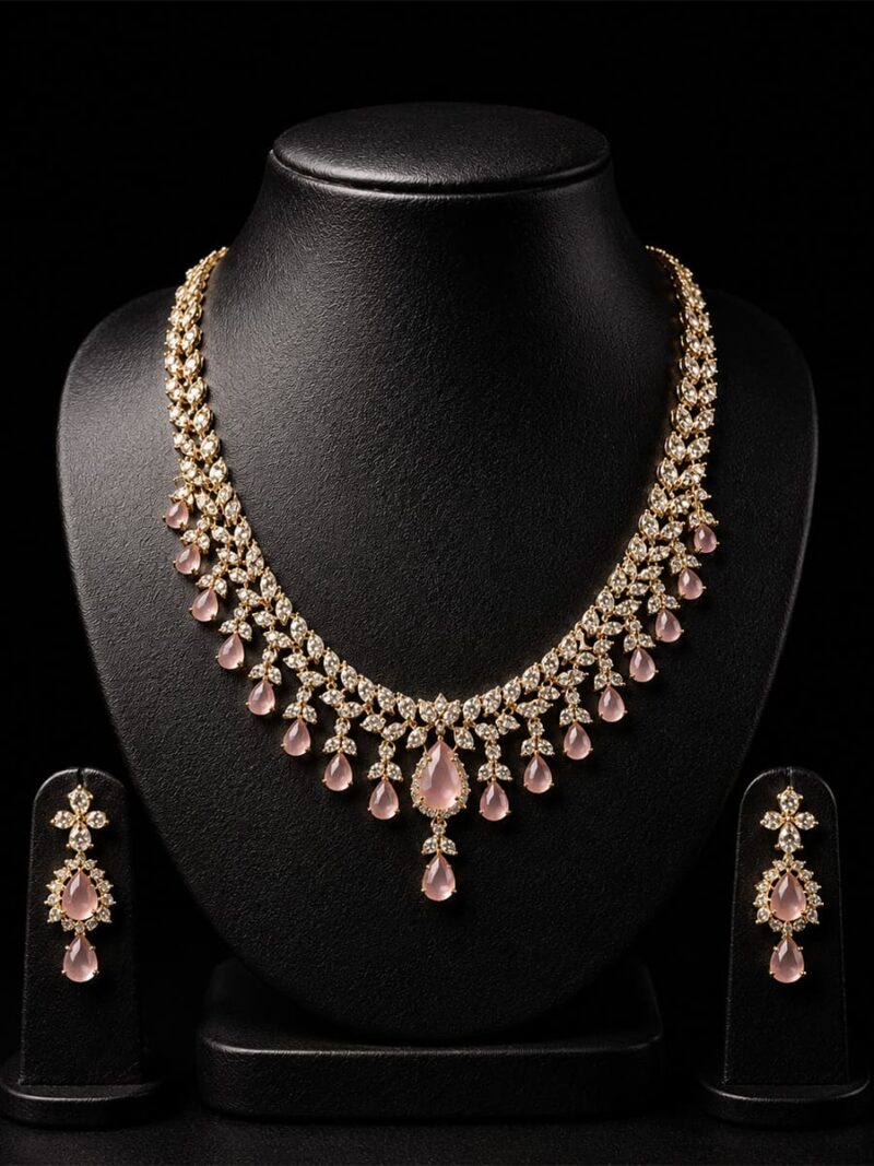 W-JW-OL-25-23-F Bridal Necklace Set, Gold & Pink