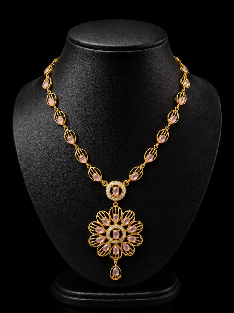 Floral Pendant Necklace - Gold & Pink