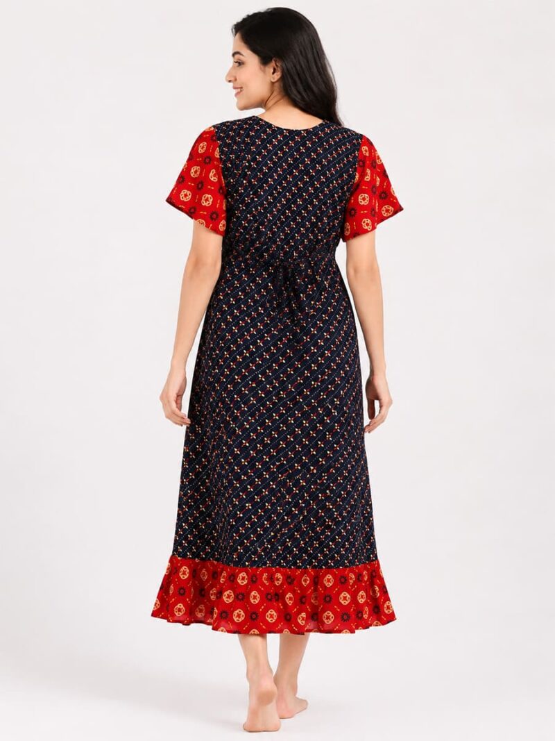 Women's Cotton Feeding Frock Nighty - Navy Blue & Red
