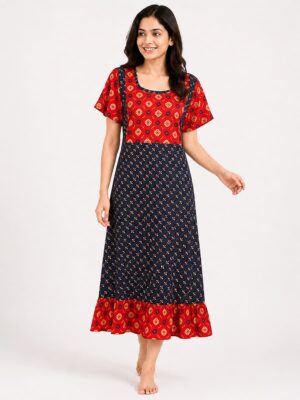 Women's Cotton Feeding Frock Nighty - Navy Blue & Red