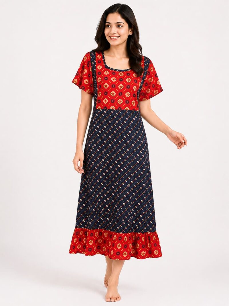 W-NY-450-04-NB-XXL-F Women's Cotton Feeding Frock Nighty - Navy Blue & Red