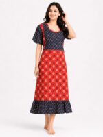 Women's Cotton Feeding Frock Nighty - Red & Navy Blue