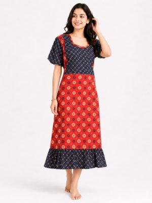 Women's Cotton Feeding Frock Nighty - Red & Navy Blue