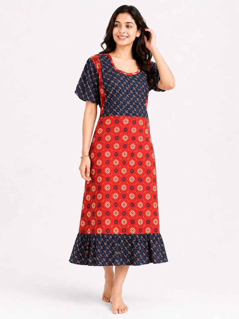 Women's Cotton Feeding Frock Nighty - Red & Navy Blue